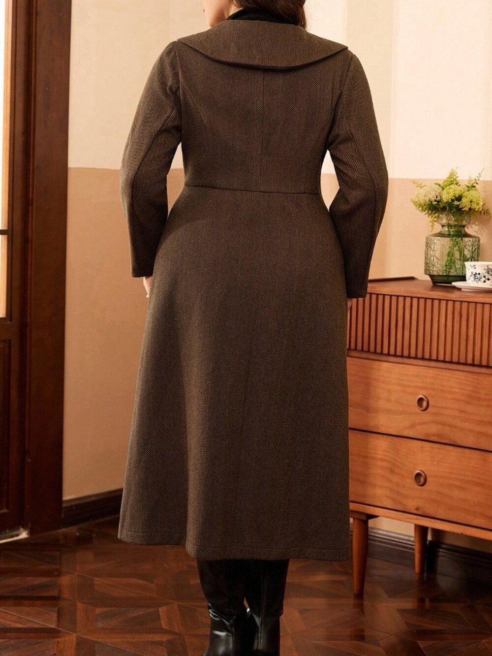 Coffee Brown Elegant Women's Plus Size Overcoat - Picture 2 of 6